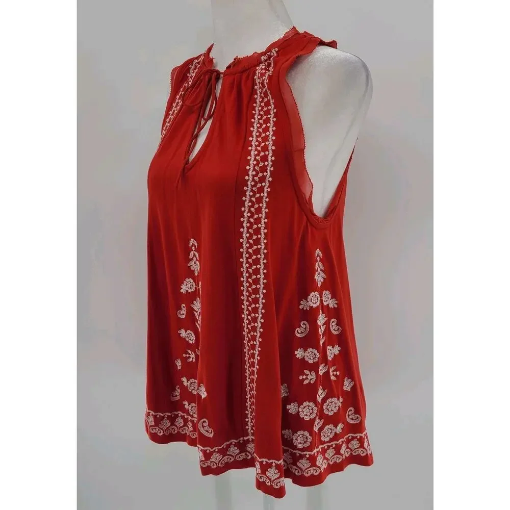 Anthropologie Embroidered Tank Top Small‎ Red Keyhole Bohemian Festive Paisley